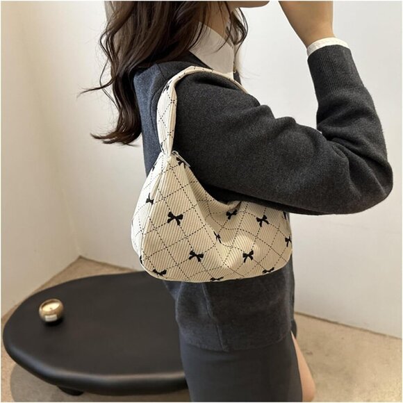 Women's Corduroy Bow Print Tote Bag Small Shoulder Handbag Travel Wallet - Picture 3 of 7